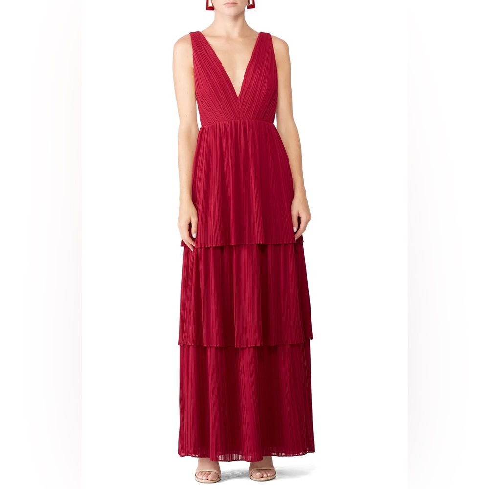 Fame & Partners pleated and tiered red gown  with open back